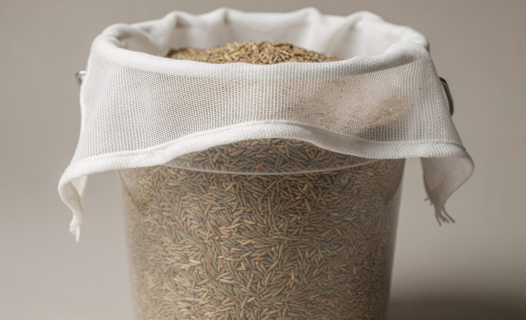 Grass Seed in a plastic bucket with a cheesecloth